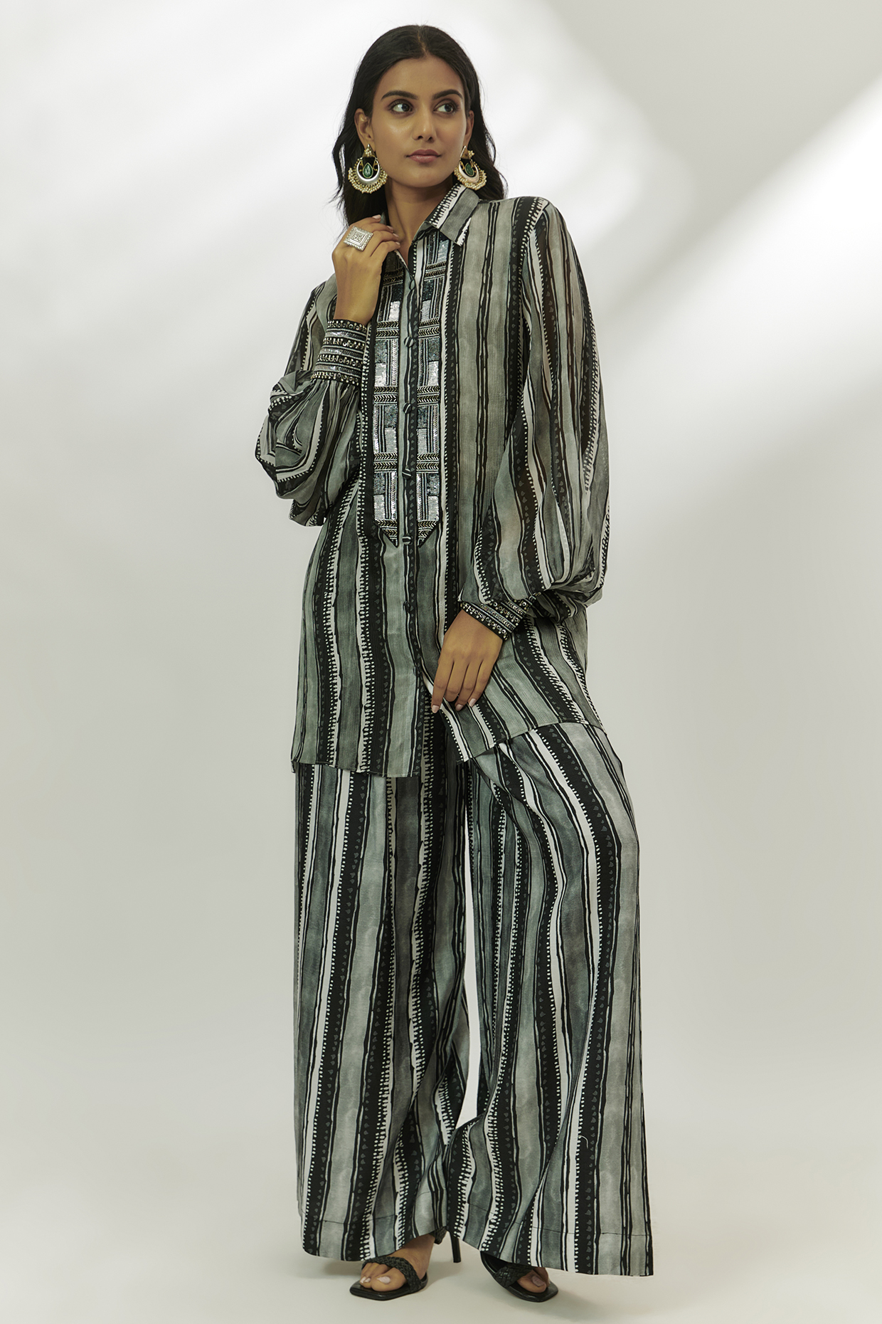 Black Dupion Digital Printed Co-Ord Set by Nadima Saqib at Pernia's Pop Up Shop