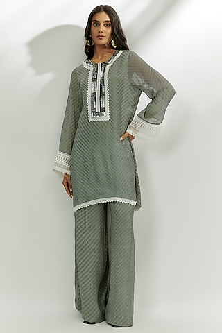 Black Cotton Crush Digital Printed Short Kurta Set by Nadima Saqib