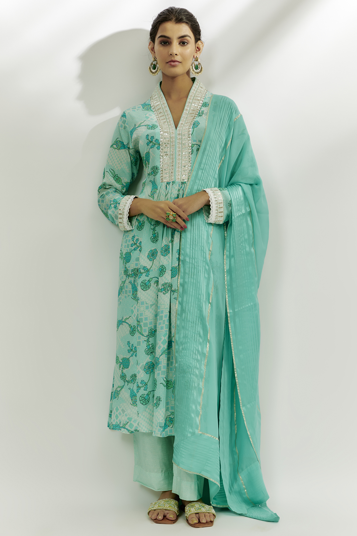 Cyan Blue Crepe Digital Printed & Sequins Embroidered Kurta Set by Nadima Saqib at Pernia's Pop Up Shop
