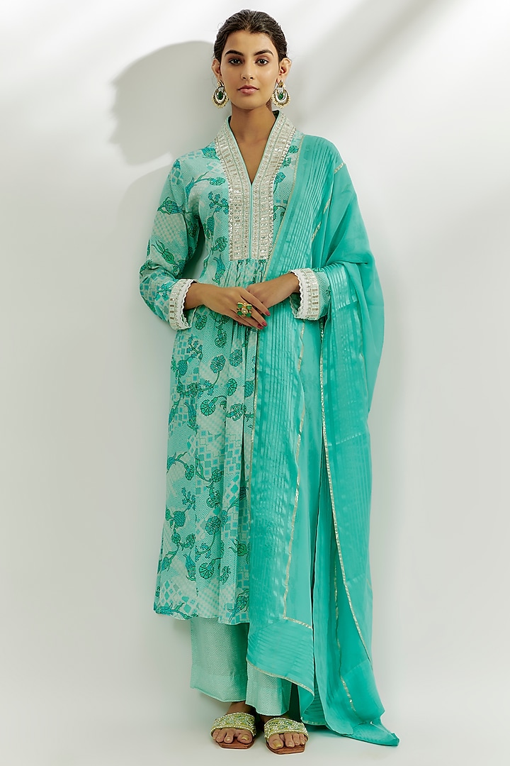 Cyan Blue Crepe Digital Printed & Sequins Embroidered Kurta Set by Nadima Saqib at Pernia's Pop Up Shop