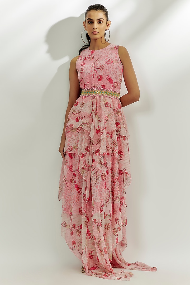 Pastel Pink Georgette Printed Maxi Dress by Nadima Saqib at Pernia's Pop Up Shop