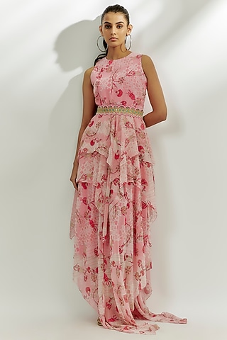 Pastel Pink Georgette Printed Maxi Dress by Nadima Saqib