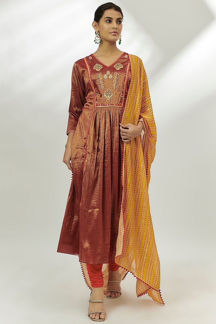 Red Chanderi Tissue Resham Embroidered Two-Tone Anarkali Set by Nadima Saqib at Pernia's Pop Up Shop