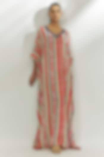 Ivory & Red Crepe Stripe Printed Kaftan by Nadima Saqib at Pernia's Pop Up Shop