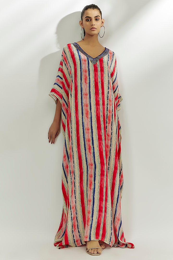 Ivory & Red Crepe Stripe Printed Kaftan by Nadima Saqib at Pernia's Pop Up Shop