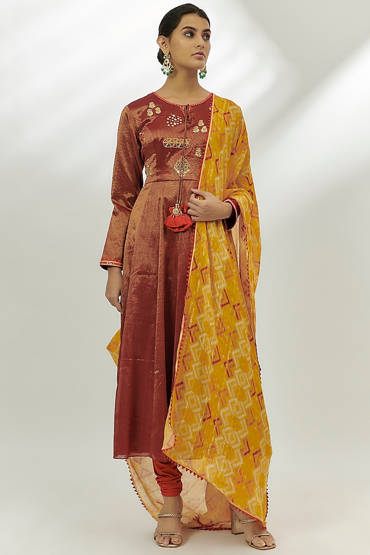 Red Chanderi Tissue Resham Embroidered Two-Tone Anarkali Set by Nadima Saqib at Pernia's Pop Up Shop