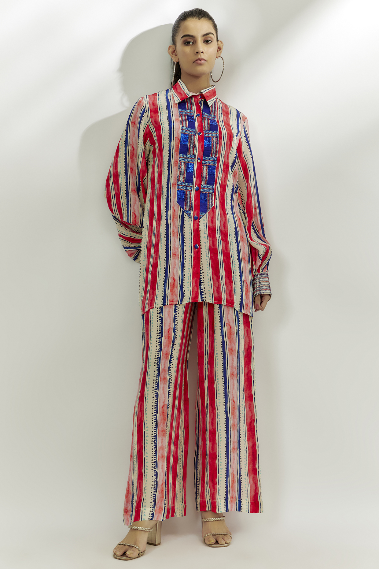 Ivory & Red Crepe Stripe Printed Co-Ord Set by Nadima Saqib at Pernia's Pop Up Shop