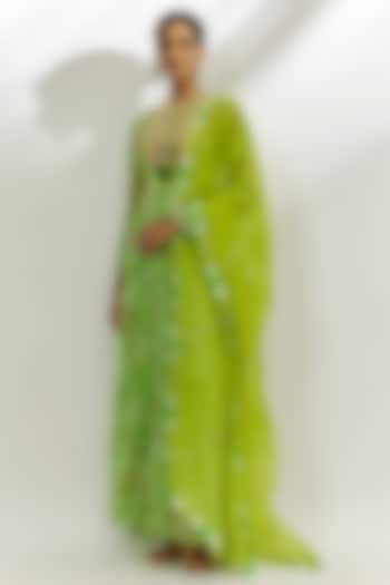 Lime Green Georgette Printed & Gota Work Anarkali Set by Nadima Saqib