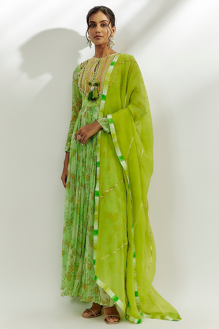 Lime Green Georgette Printed & Gota Work Anarkali Set by Nadima Saqib