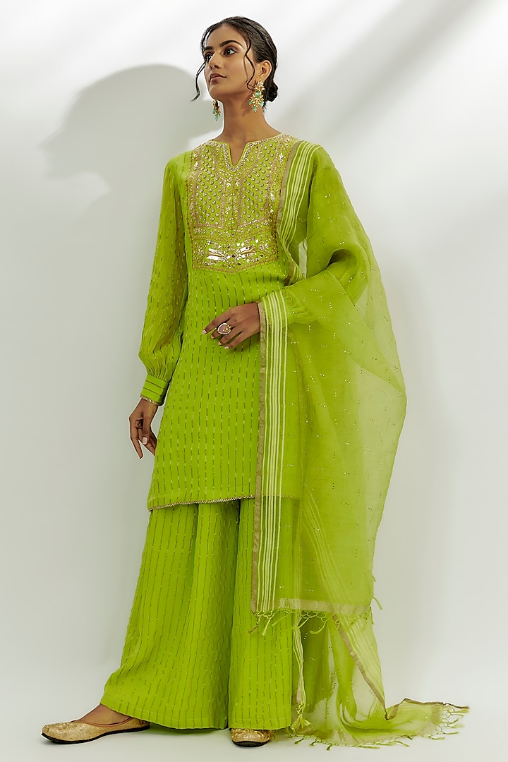 Lime Green Georgette Marodi Work Kurta Set by Nadima Saqib at Pernia's Pop Up Shop