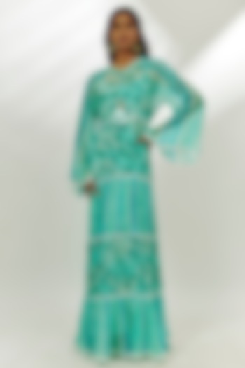 Cyan Blue Georgette Digital Printed Tiered Maxi Vacation Dress by Nadima Saqib at Pernia's Pop Up Shop