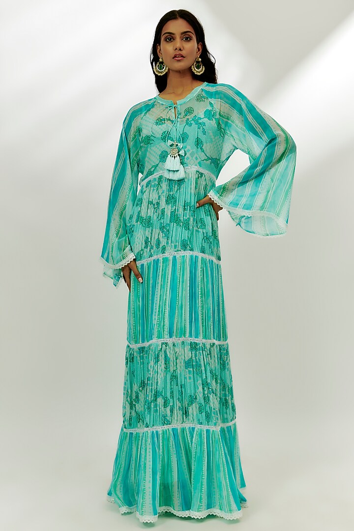 Cyan Blue Georgette Digital Printed Tiered Maxi Vacation Dress by Nadima Saqib at Pernia's Pop Up Shop