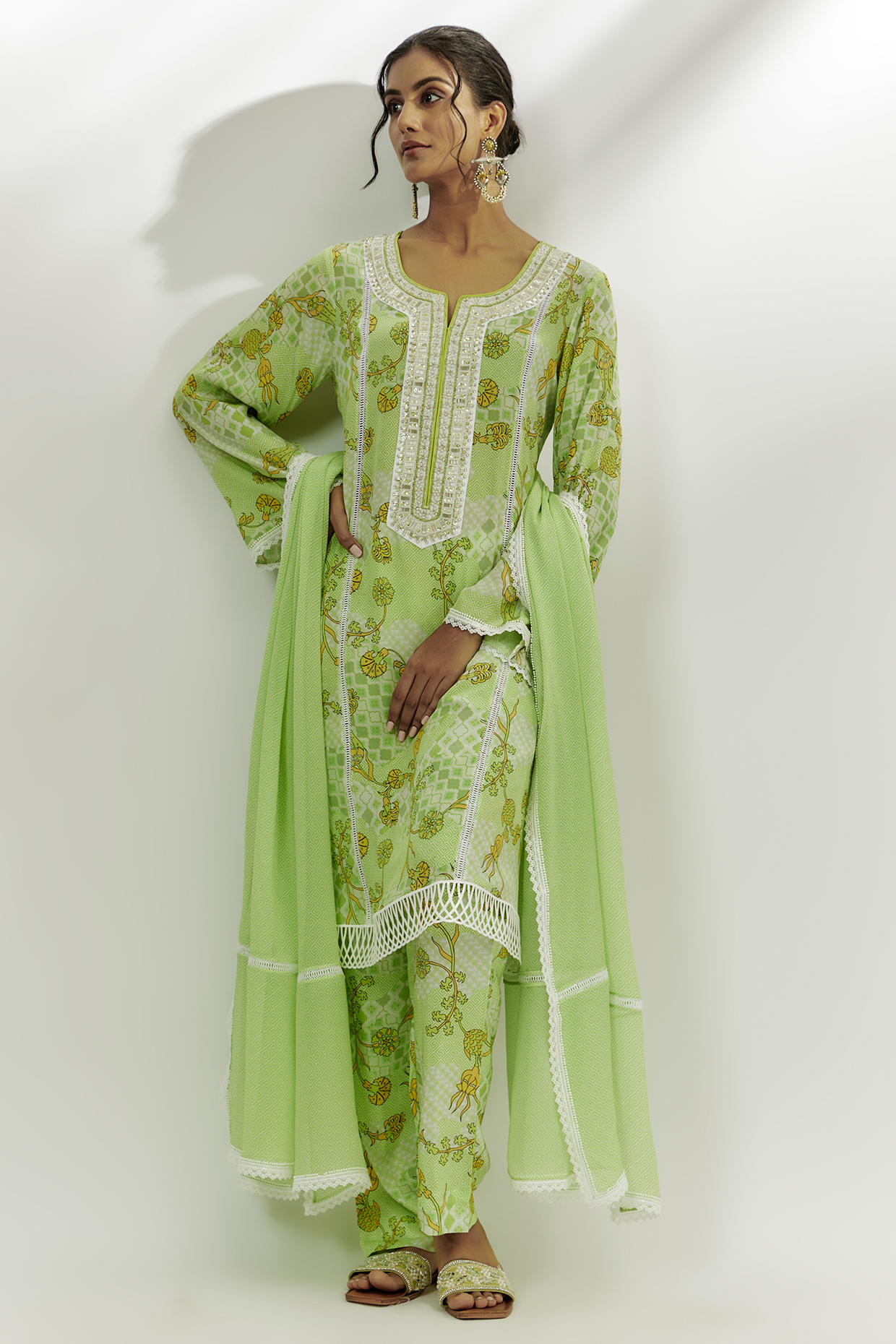Lime Green Crepe Printed & Sequins Embroidered Kurta Set by Nadima Saqib at Pernia's Pop Up Shop
