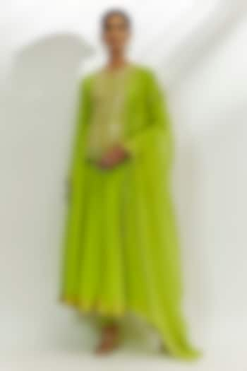 Lime Green Chanderi Marodi Work Anarkali Set by Nadima Saqib at Pernia's Pop Up Shop