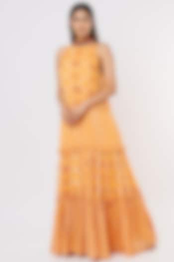 Yellow Printed Tiered Dress by Nadima Saqib
