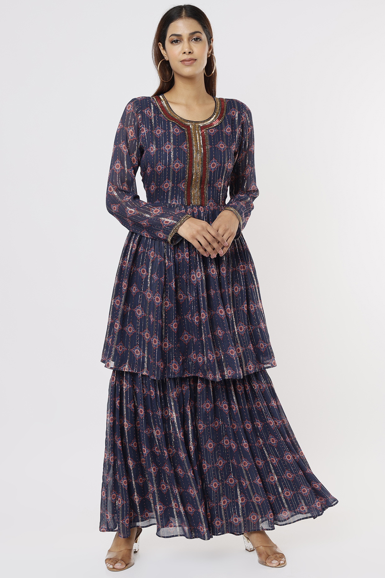 Blue Embroidered & Printed Party Wear Sharara Set by Nadima Saqib at Pernia's Pop Up Shop