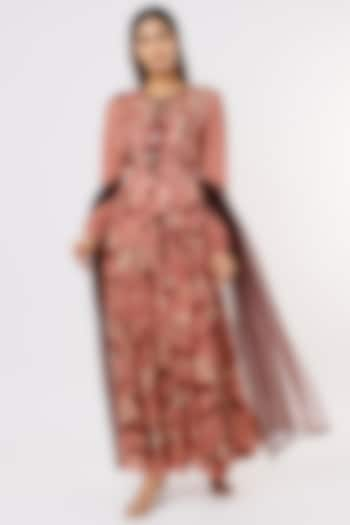 Brown Printed & Embroidered Anarkali Set by Nadima Saqib at Pernia's Pop Up Shop