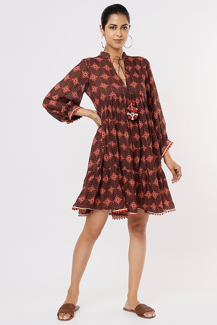 Brown Satin Printed Dress by Nadima Saqib