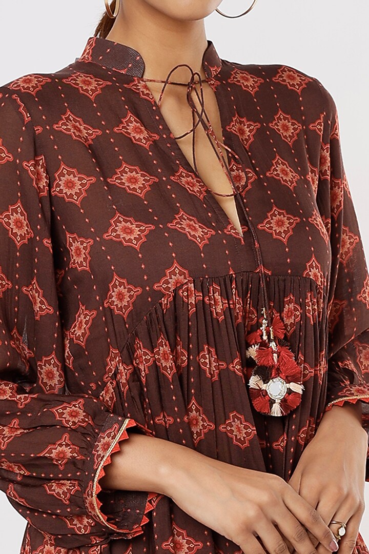 Brown Satin Printed Summer Dress by Nadima Saqib at Pernia's Pop Up Shop