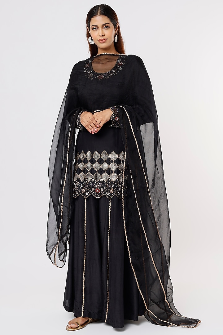 Black Embroidered Sharara Set by Nadima Saqib