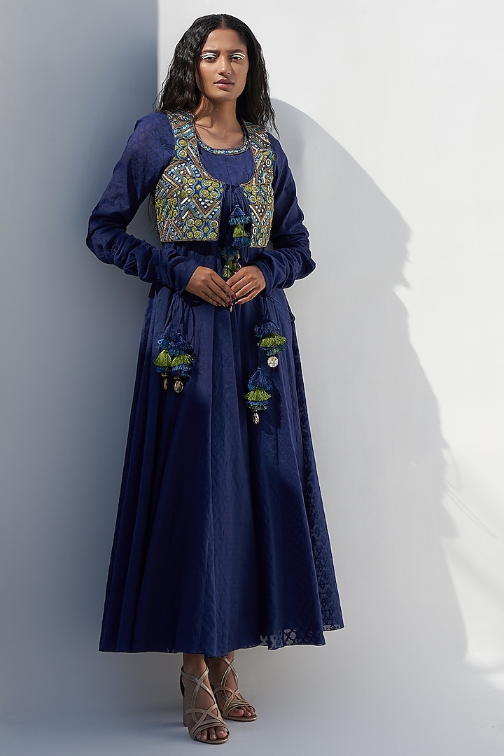 Royal Blue Chanderi Jacquard Embroidered Anarkali by Nadima Saqib