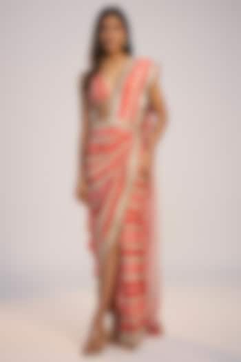 Red Crepe Striped Printed & Pearl Embroidered Pre-Stitched Wedding Saree Set by Nadima Saqib at Pernia's Pop Up Shop