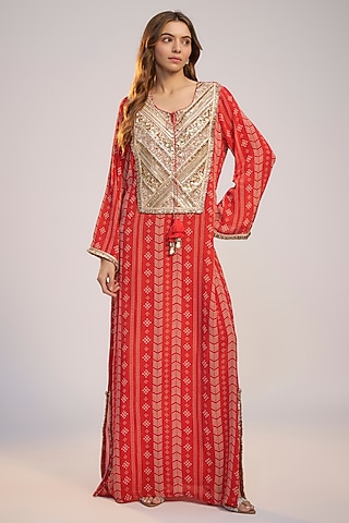 Red Crepe Digital Printed & Sequins Embroidered Kaftan Dress by Nadima Saqib