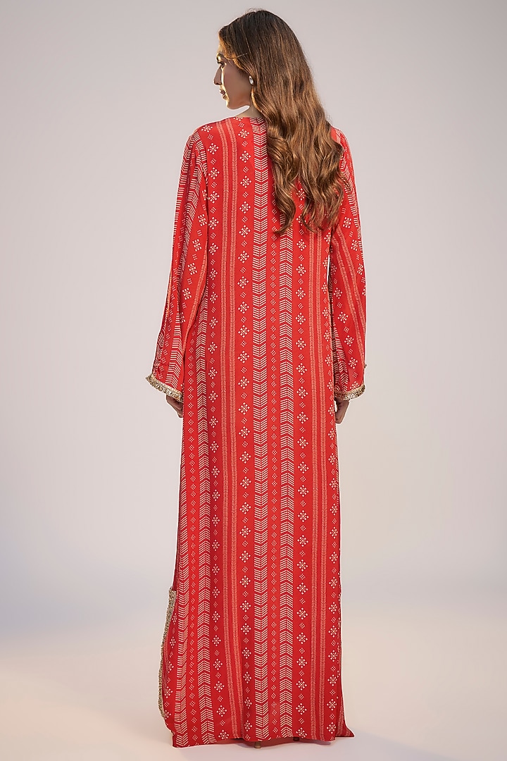 Red Crepe Digital Printed & Sequins Embroidered Kaftan Vacation Dress by Nadima Saqib at Pernia's Pop Up Shop
