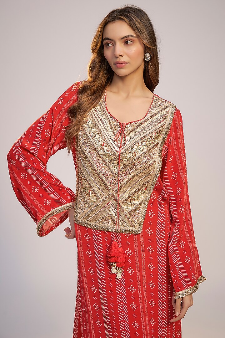 Red Crepe Digital Printed & Sequins Embroidered Kaftan Vacation Dress by Nadima Saqib at Pernia's Pop Up Shop
