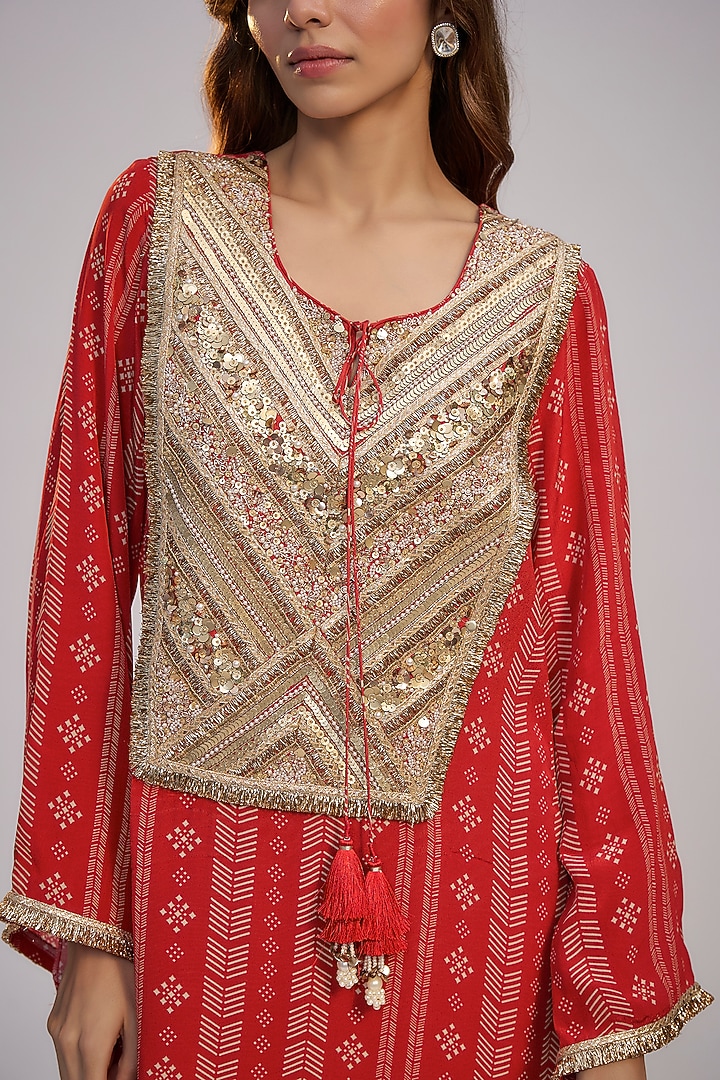 Red Crepe Digital Printed & Sequins Embroidered Kaftan Vacation Dress by Nadima Saqib at Pernia's Pop Up Shop