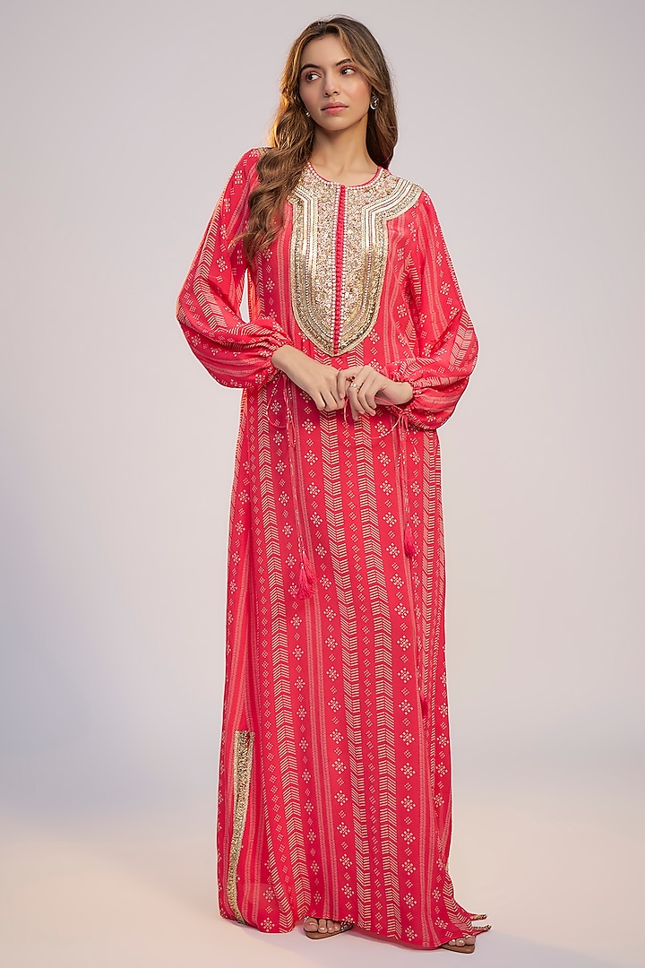 Fuchsia Pink Crepe Digital Printed & Sequins Embroidered Kaftan Vacation Dress by Nadima Saqib at Pernia's Pop Up Shop