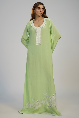 Lime Green Pink Crepe Digital Printed & Sequins Embroidered Kaftan Dress by Nadima Saqib
