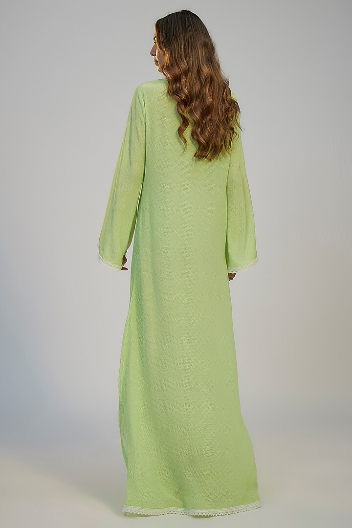 Lime Green Pink Crepe Digital Printed & Sequins Embroidered Kaftan Vacation Dress by Nadima Saqib at Pernia's Pop Up Shop