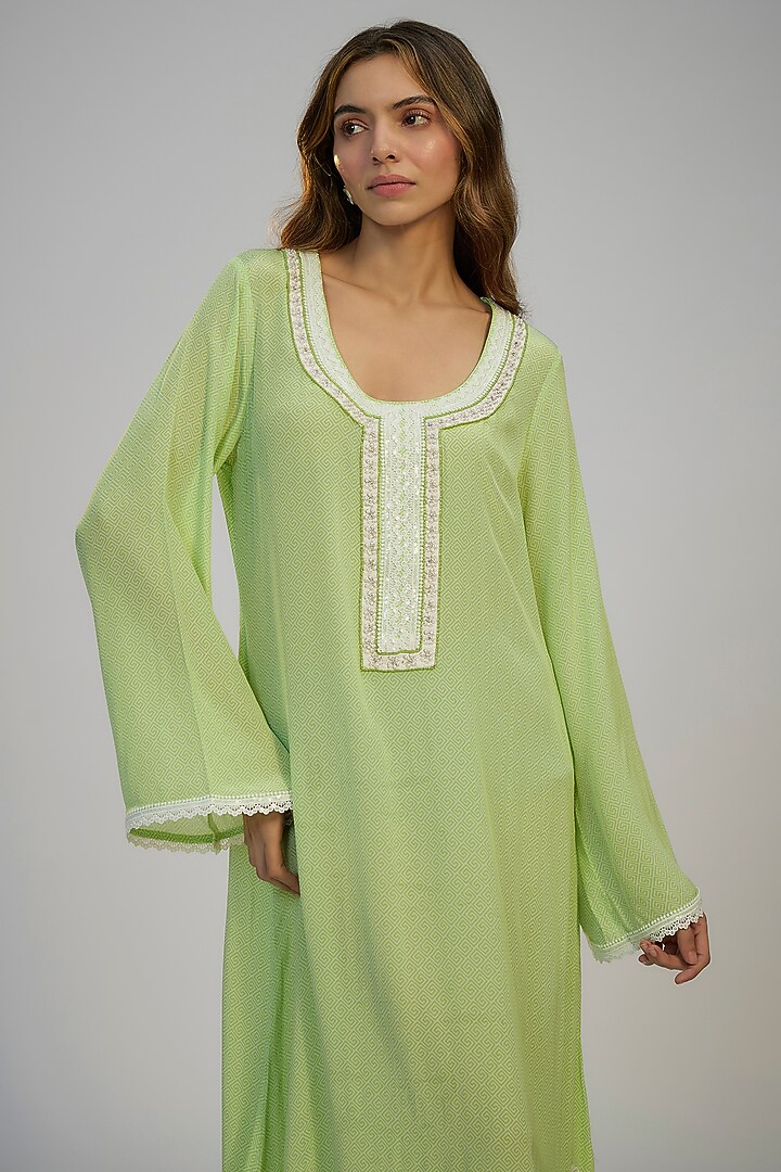 Lime Green Pink Crepe Digital Printed & Sequins Embroidered Kaftan Vacation Dress by Nadima Saqib at Pernia's Pop Up Shop