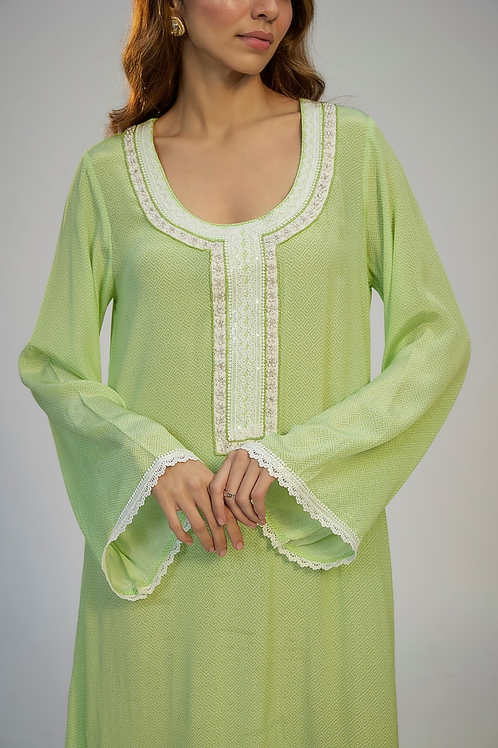 Lime Green Pink Crepe Digital Printed & Sequins Embroidered Kaftan Vacation Dress by Nadima Saqib at Pernia's Pop Up Shop