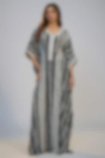 Black Crepe Striped Printed Kaftan by Nadima Saqib at Pernia's Pop Up Shop