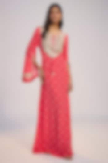 Fuchsia Pink Crepe Digital Printed & Sequins Embroidered Kaftan Vacation Dress by Nadima Saqib at Pernia's Pop Up Shop