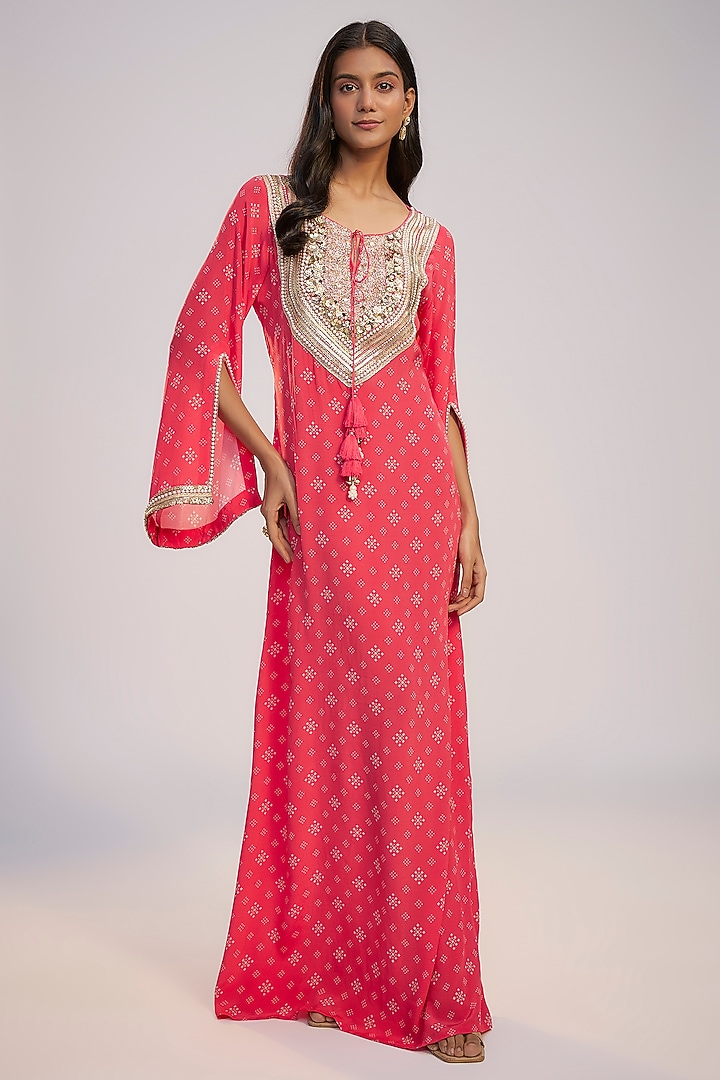 Fuchsia Pink Crepe Digital Printed & Sequins Embroidered Kaftan Vacation Dress by Nadima Saqib at Pernia's Pop Up Shop