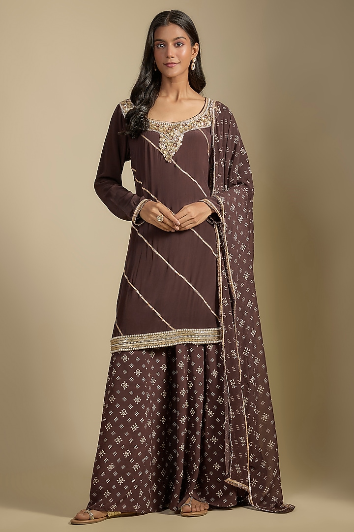 Brown Crepe Printed Wedding Sharara Set by Nadima Saqib at Pernia's Pop Up Shop