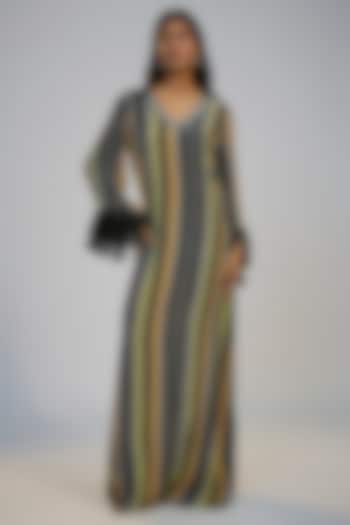 Black Crepe Printed & Sequins Embroidered Kaftan Summer Dress by Nadima Saqib at Pernia's Pop Up Shop