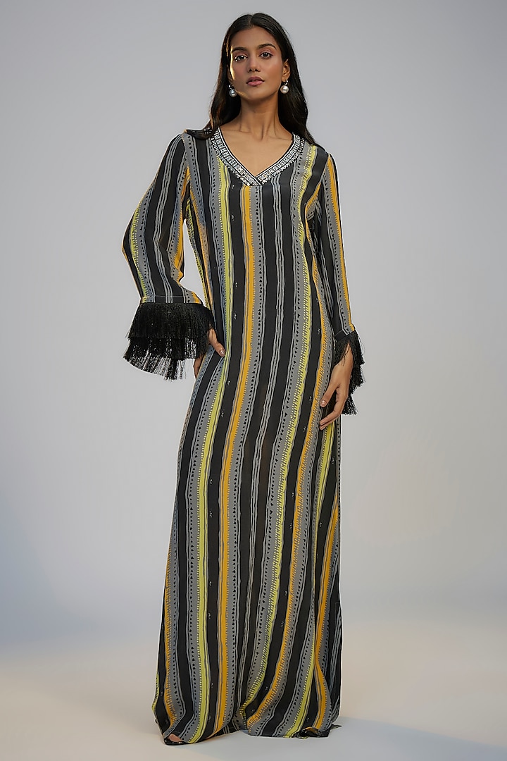 Black Crepe Printed & Sequins Embroidered Kaftan Summer Dress by Nadima Saqib at Pernia's Pop Up Shop