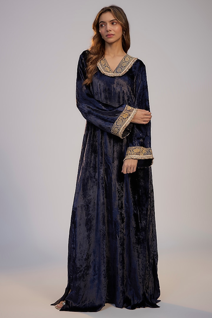 Dark Blue Velvet Kaftan Summer Dress by Nadima Saqib at Pernia's Pop Up Shop