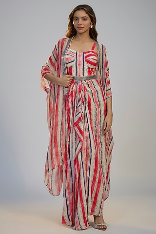 Multi-Colored Crepe Striped Printed Kaftan Dress by Nadima Saqib