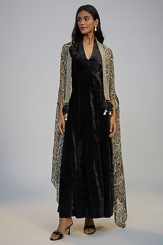 Black Velvet Dress With Cape by Nadima Saqib