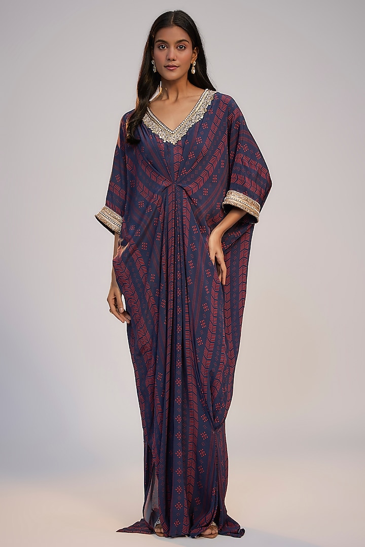 Navy Blue Crepe Printed & Sequins Embroidered Kaftan Vacation Dress by Nadima Saqib at Pernia's Pop Up Shop
