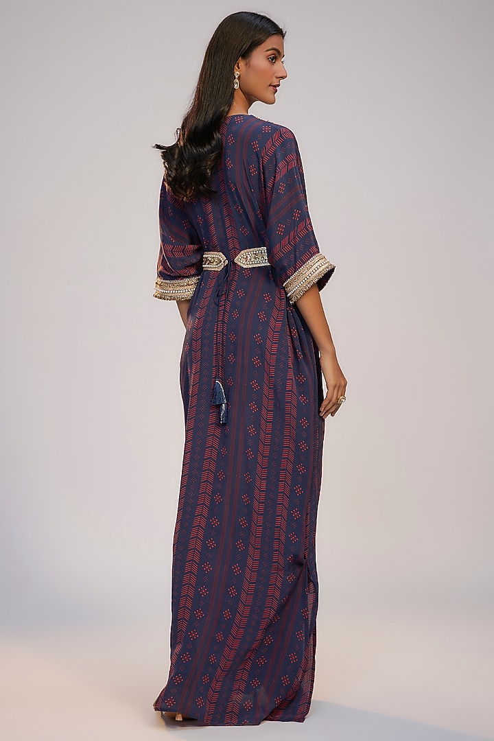 Navy Blue Crepe Printed & Sequins Embroidered Kaftan Vacation Dress by Nadima Saqib at Pernia's Pop Up Shop