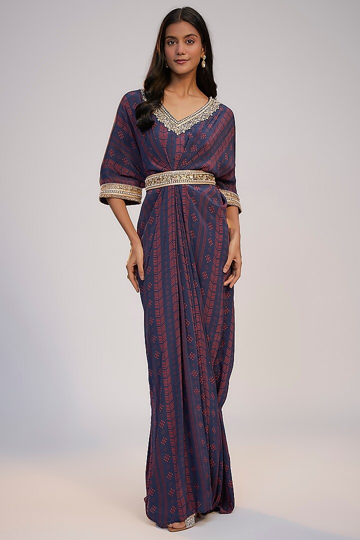 Navy Blue Crepe Printed & Sequins Embroidered Kaftan Vacation Dress by Nadima Saqib at Pernia's Pop Up Shop