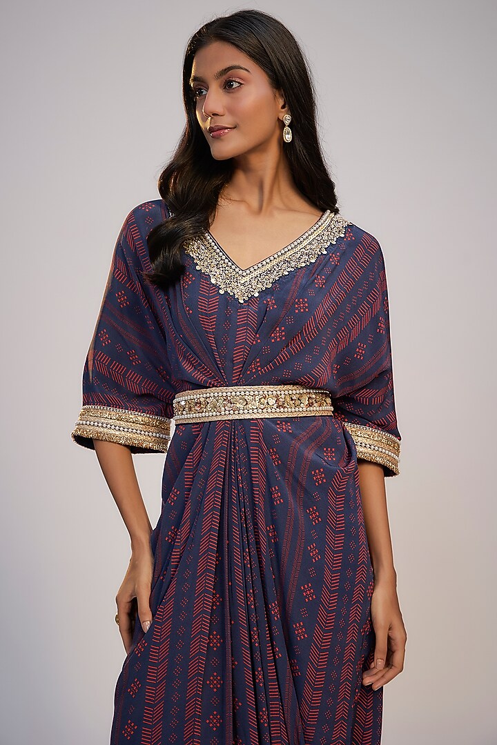 Navy Blue Crepe Printed & Sequins Embroidered Kaftan Vacation Dress by Nadima Saqib at Pernia's Pop Up Shop