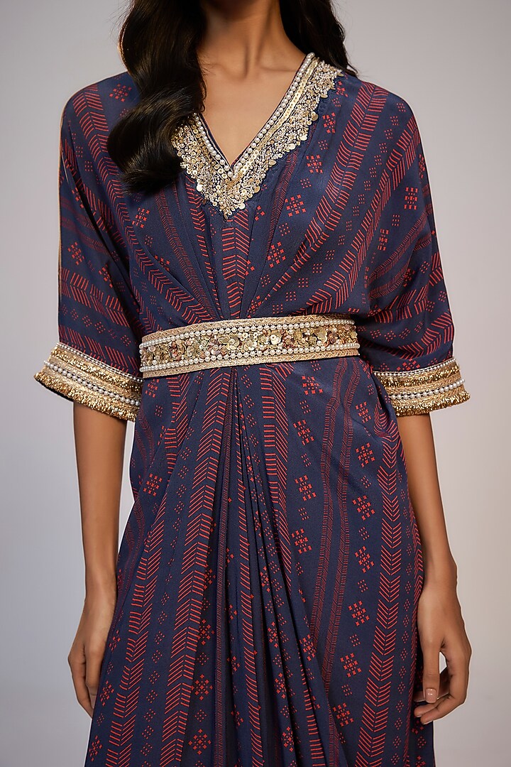 Navy Blue Crepe Printed & Sequins Embroidered Kaftan Vacation Dress by Nadima Saqib at Pernia's Pop Up Shop
