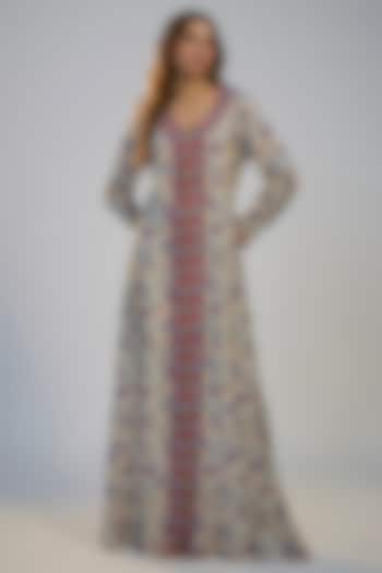 Ivory Crepe Printed & Resham Embroidered Kaftan Vacation Dress by Nadima Saqib at Pernia's Pop Up Shop